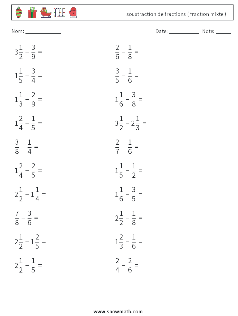 (20) soustraction de fractions ( fraction mixte ) Fiches d'Exercices de Mathématiques 6