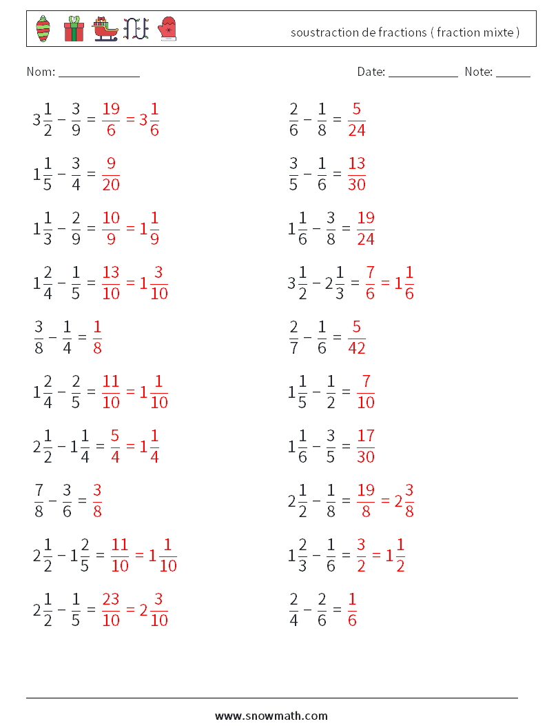 (20) soustraction de fractions ( fraction mixte ) Fiches d'Exercices de Mathématiques 6 Question, Réponse