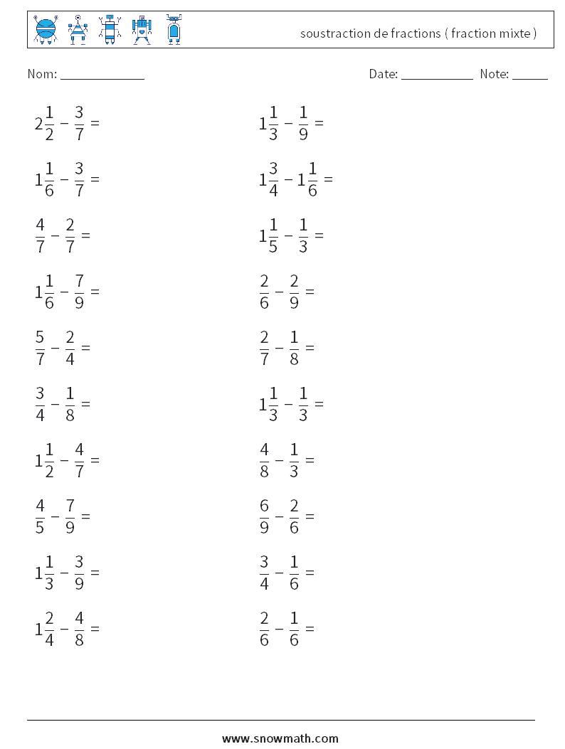 (20) soustraction de fractions ( fraction mixte ) Fiches d'Exercices de Mathématiques 7
