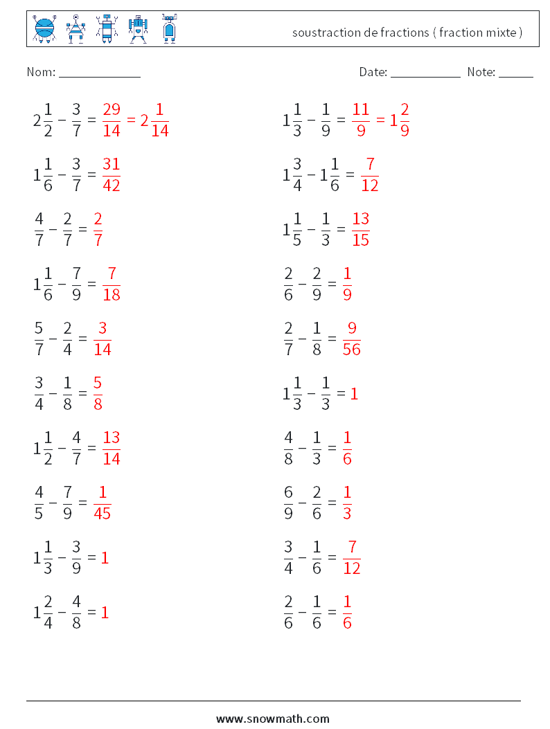 (20) soustraction de fractions ( fraction mixte ) Fiches d'Exercices de Mathématiques 7 Question, Réponse