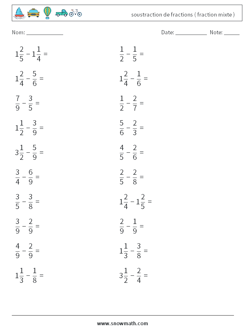 (20) soustraction de fractions ( fraction mixte ) Fiches d'Exercices de Mathématiques 8