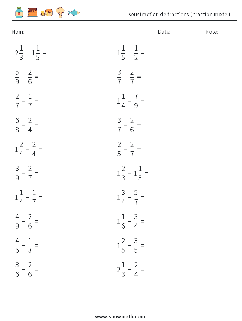 (20) soustraction de fractions ( fraction mixte ) Fiches d'Exercices de Mathématiques 9