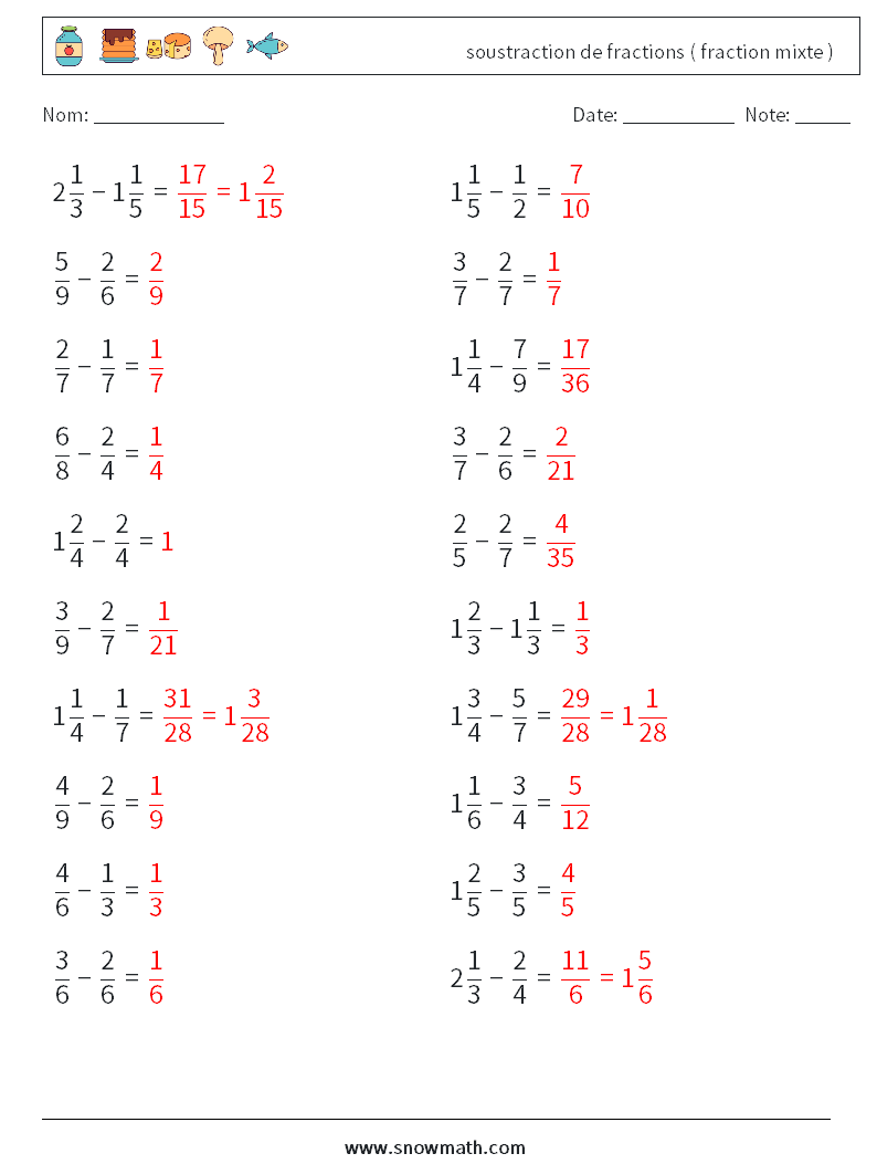 (20) soustraction de fractions ( fraction mixte ) Fiches d'Exercices de Mathématiques 9 Question, Réponse