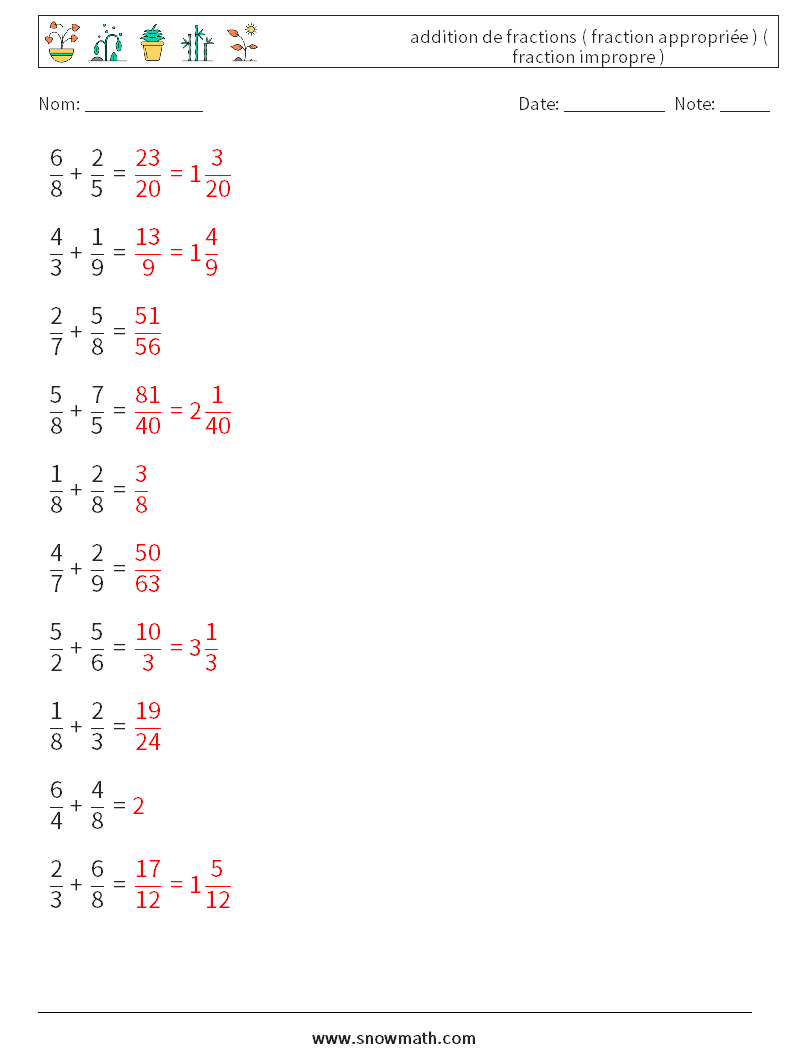 (10) addition de fractions ( fraction appropriée ) ( fraction impropre ) Fiches d'Exercices de Mathématiques 10 Question, Réponse