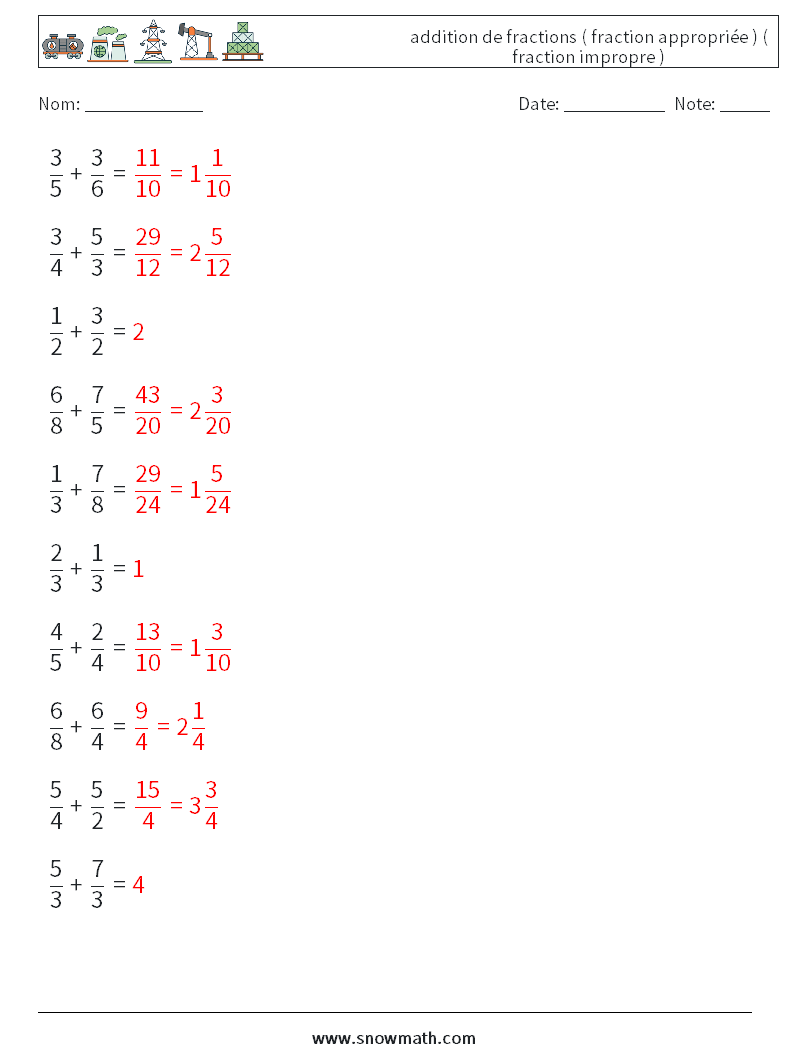 (10) addition de fractions ( fraction appropriée ) ( fraction impropre ) Fiches d'Exercices de Mathématiques 11 Question, Réponse