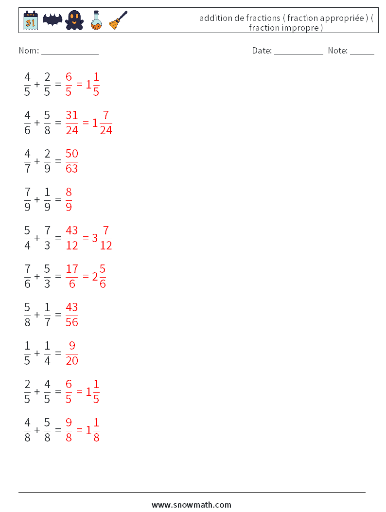 (10) addition de fractions ( fraction appropriée ) ( fraction impropre ) Fiches d'Exercices de Mathématiques 12 Question, Réponse