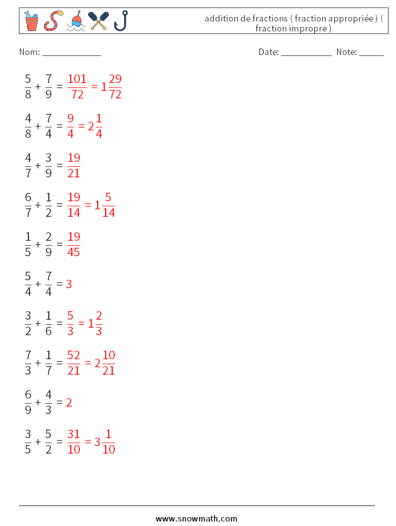 (10) addition de fractions ( fraction appropriée ) ( fraction impropre ) Fiches d'Exercices de Mathématiques 13 Question, Réponse