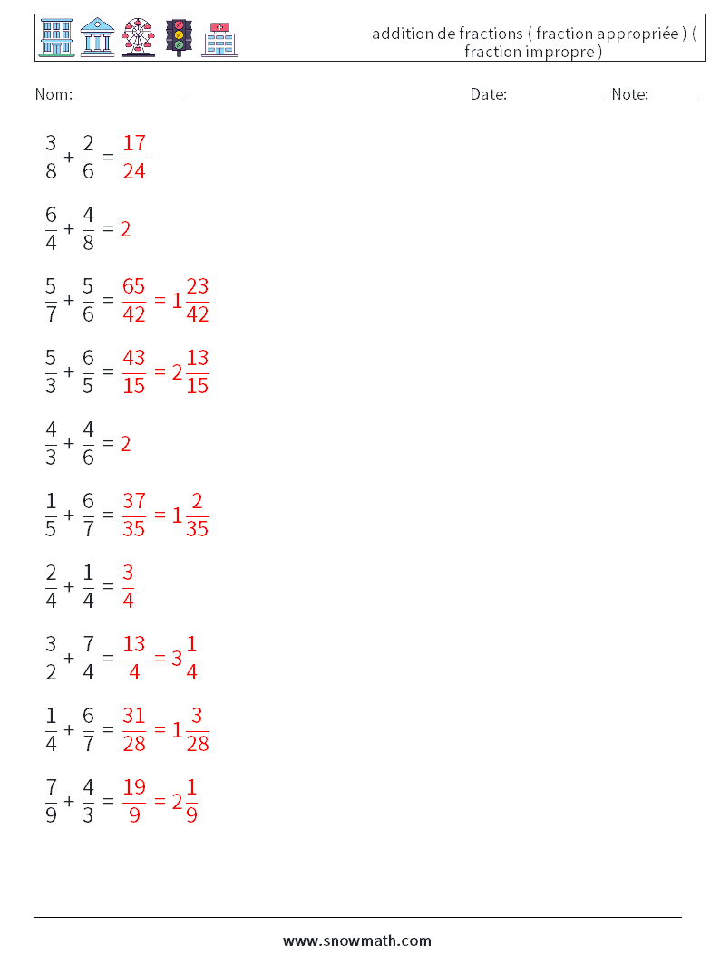 (10) addition de fractions ( fraction appropriée ) ( fraction impropre ) Fiches d'Exercices de Mathématiques 14 Question, Réponse