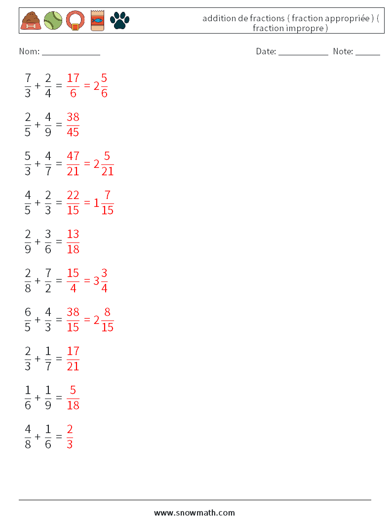 (10) addition de fractions ( fraction appropriée ) ( fraction impropre ) Fiches d'Exercices de Mathématiques 15 Question, Réponse