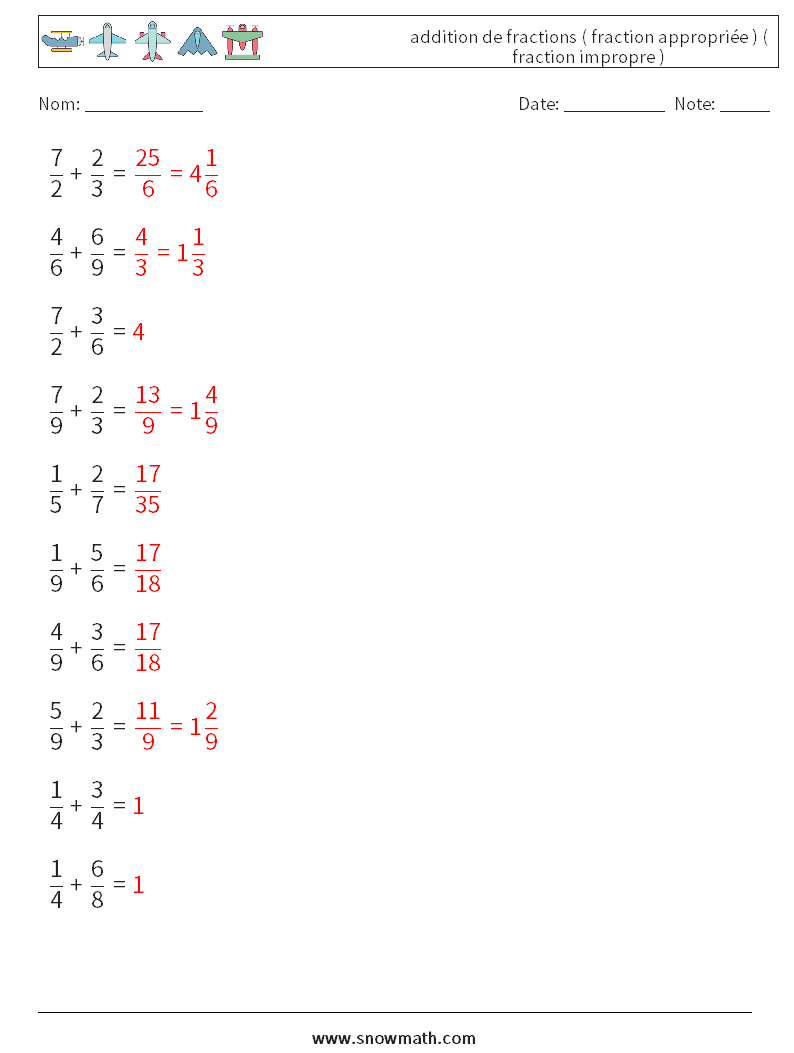 (10) addition de fractions ( fraction appropriée ) ( fraction impropre ) Fiches d'Exercices de Mathématiques 17 Question, Réponse