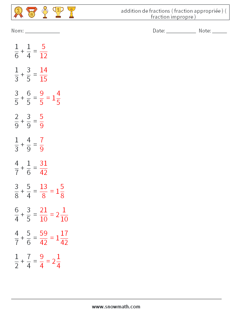 (10) addition de fractions ( fraction appropriée ) ( fraction impropre ) Fiches d'Exercices de Mathématiques 18 Question, Réponse