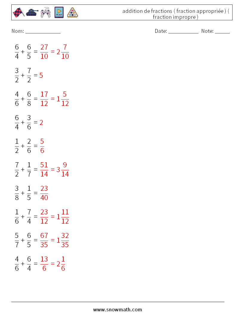(10) addition de fractions ( fraction appropriée ) ( fraction impropre ) Fiches d'Exercices de Mathématiques 1 Question, Réponse