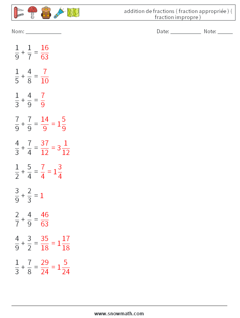 (10) addition de fractions ( fraction appropriée ) ( fraction impropre ) Fiches d'Exercices de Mathématiques 4 Question, Réponse