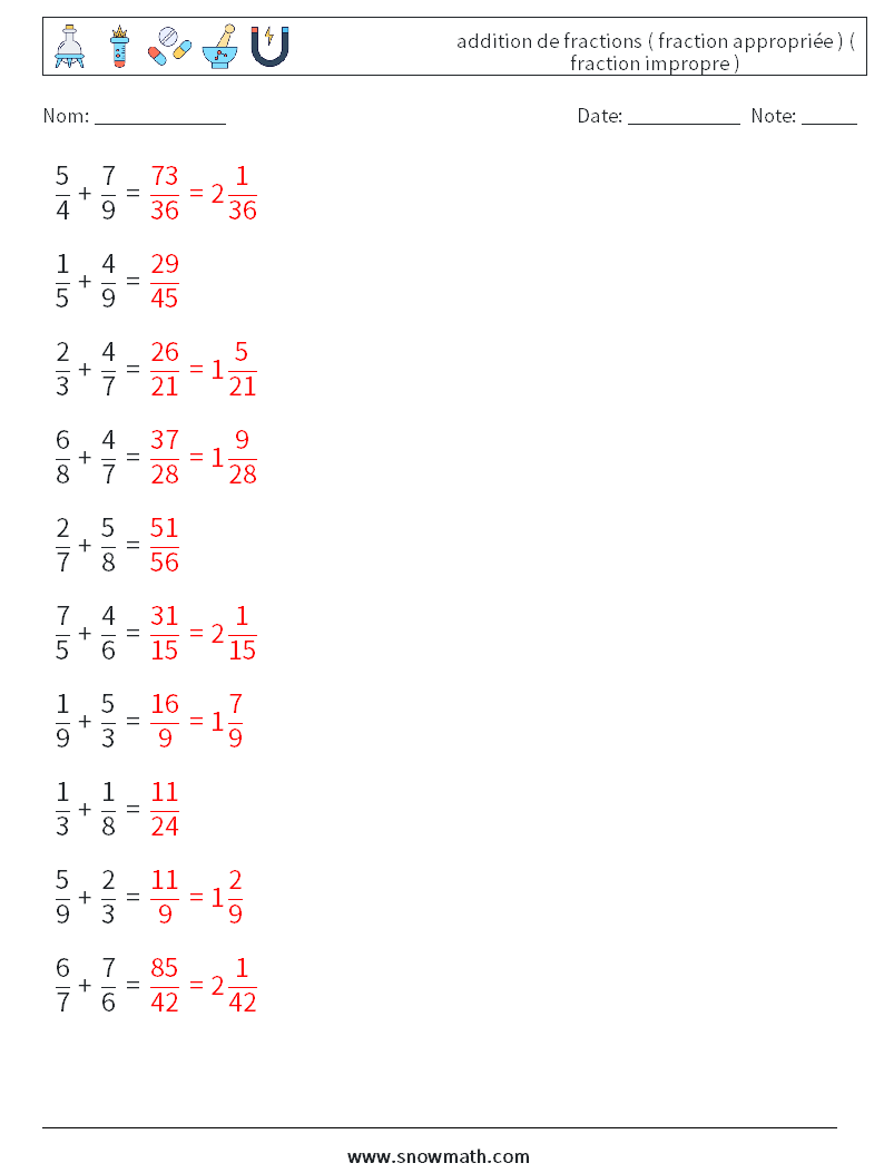 (10) addition de fractions ( fraction appropriée ) ( fraction impropre ) Fiches d'Exercices de Mathématiques 6 Question, Réponse
