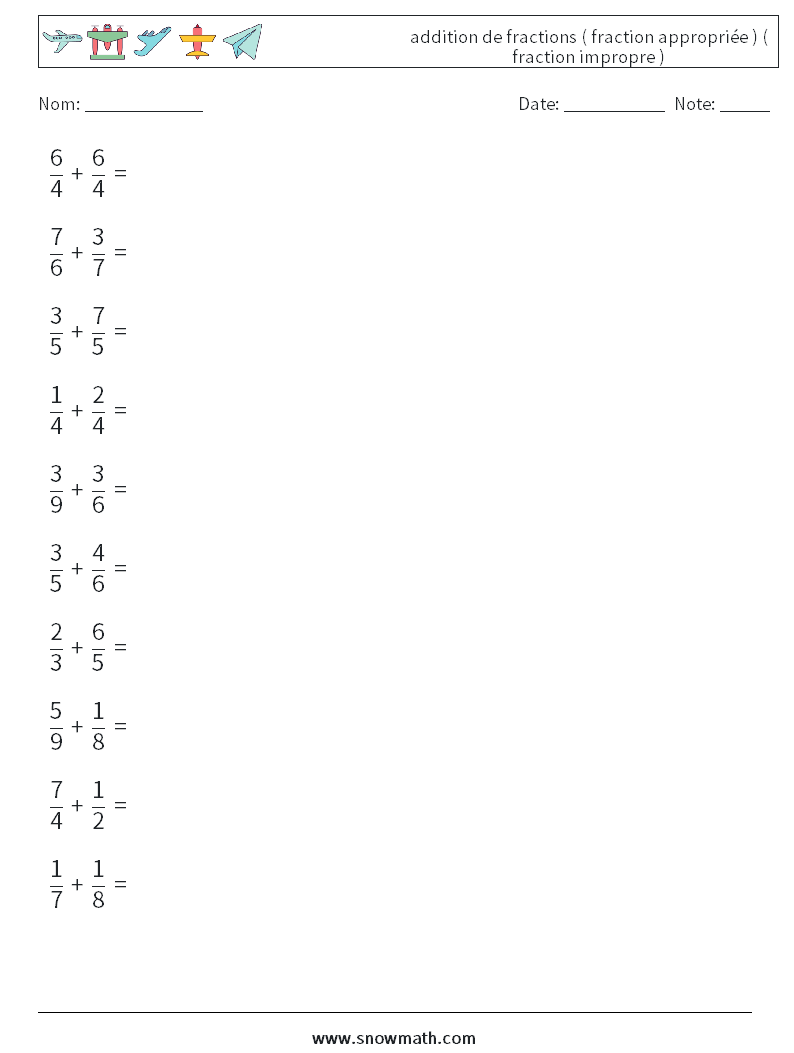 (10) addition de fractions ( fraction appropriée ) ( fraction impropre ) Fiches d'Exercices de Mathématiques 8