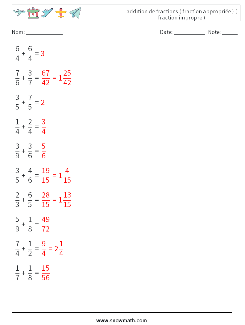 (10) addition de fractions ( fraction appropriée ) ( fraction impropre ) Fiches d'Exercices de Mathématiques 8 Question, Réponse