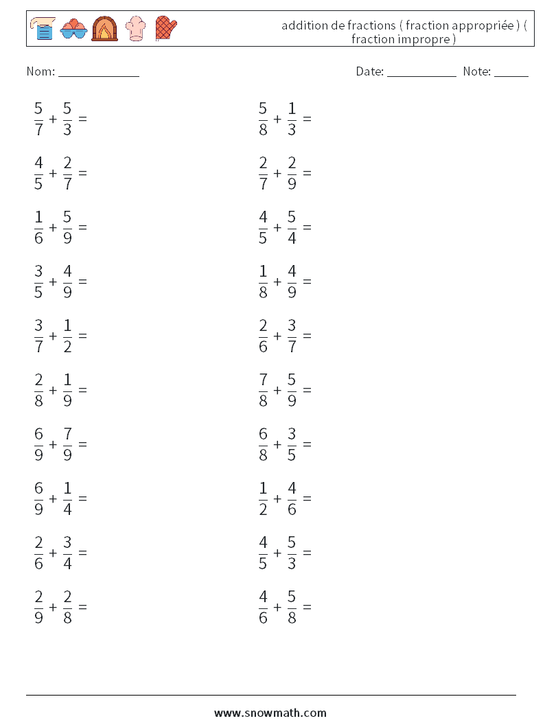 (20) addition de fractions ( fraction appropriée ) ( fraction impropre ) Fiches d'Exercices de Mathématiques 11