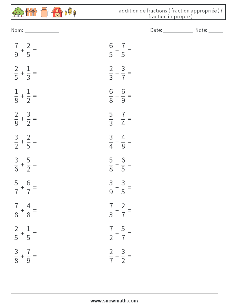 (20) addition de fractions ( fraction appropriée ) ( fraction impropre ) Fiches d'Exercices de Mathématiques 13