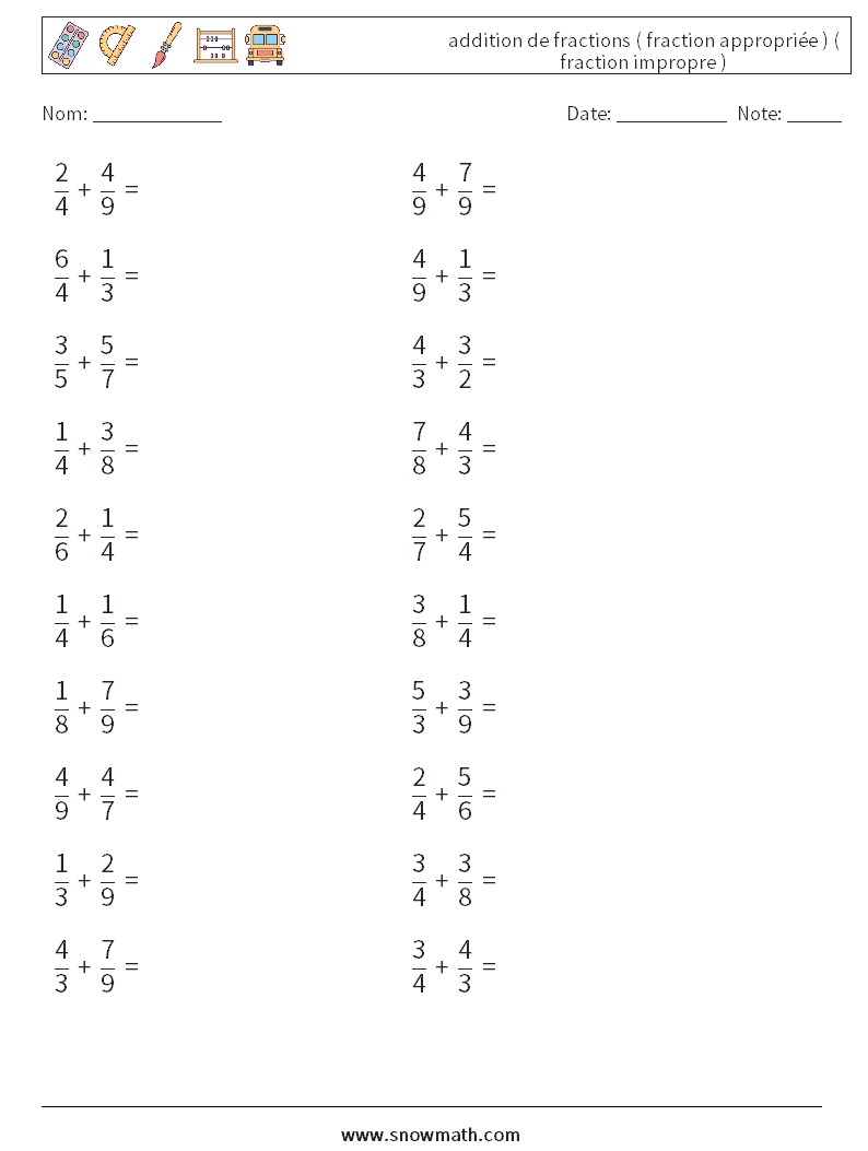 (20) addition de fractions ( fraction appropriée ) ( fraction impropre ) Fiches d'Exercices de Mathématiques 15