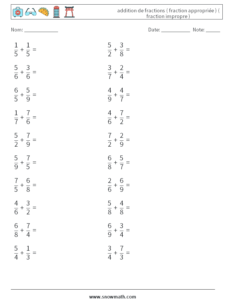 (20) addition de fractions ( fraction appropriée ) ( fraction impropre ) Fiches d'Exercices de Mathématiques 16