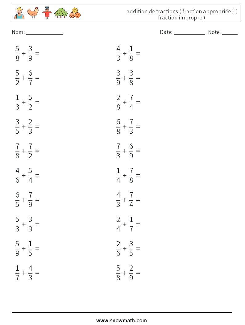 (20) addition de fractions ( fraction appropriée ) ( fraction impropre ) Fiches d'Exercices de Mathématiques 17