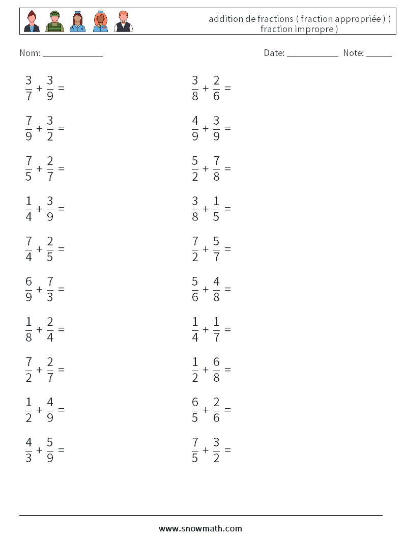 (20) addition de fractions ( fraction appropriée ) ( fraction impropre ) Fiches d'Exercices de Mathématiques 18