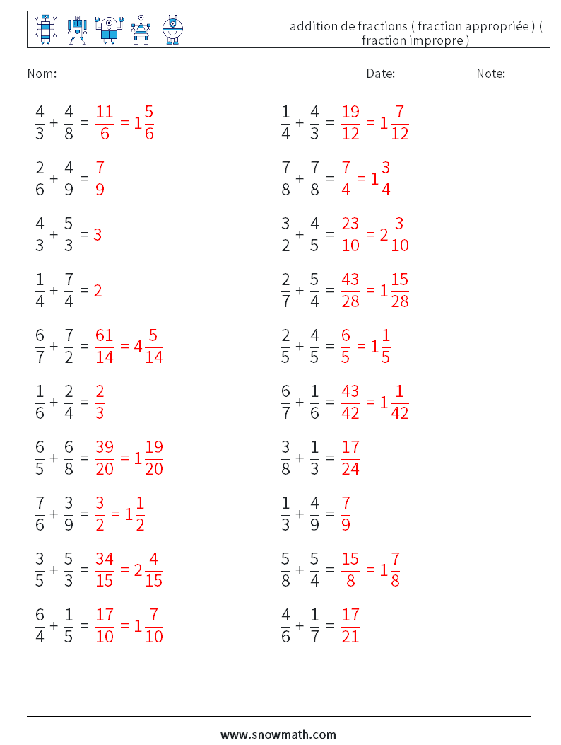 (20) addition de fractions ( fraction appropriée ) ( fraction impropre ) Fiches d'Exercices de Mathématiques 1 Question, Réponse