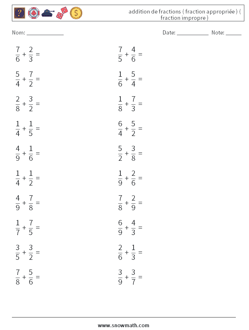 (20) addition de fractions ( fraction appropriée ) ( fraction impropre ) Fiches d'Exercices de Mathématiques 3