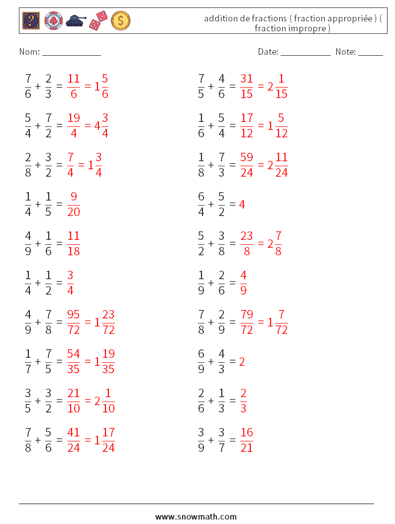 (20) addition de fractions ( fraction appropriée ) ( fraction impropre ) Fiches d'Exercices de Mathématiques 3 Question, Réponse