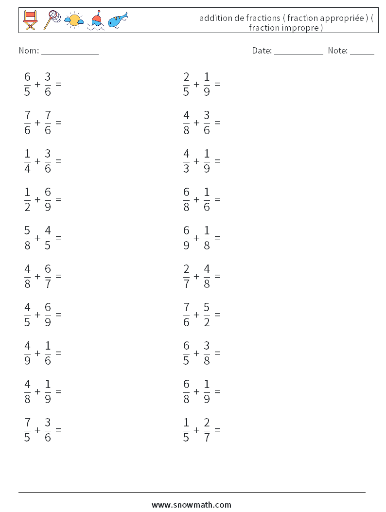 (20) addition de fractions ( fraction appropriée ) ( fraction impropre ) Fiches d'Exercices de Mathématiques 4