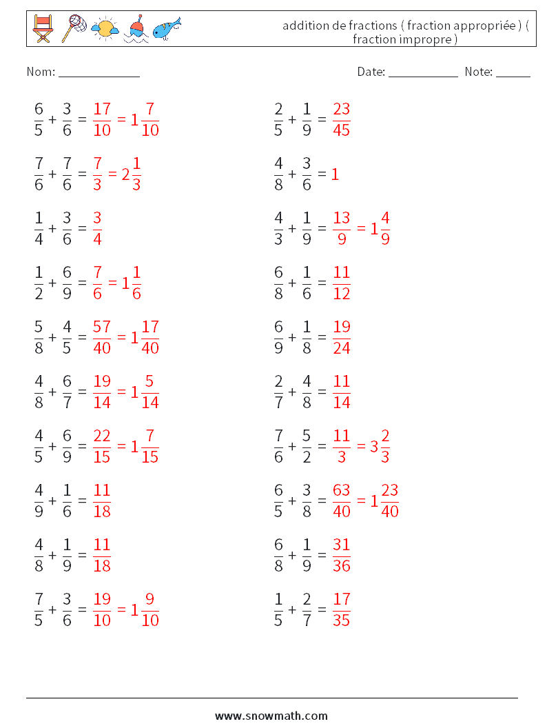 (20) addition de fractions ( fraction appropriée ) ( fraction impropre ) Fiches d'Exercices de Mathématiques 4 Question, Réponse