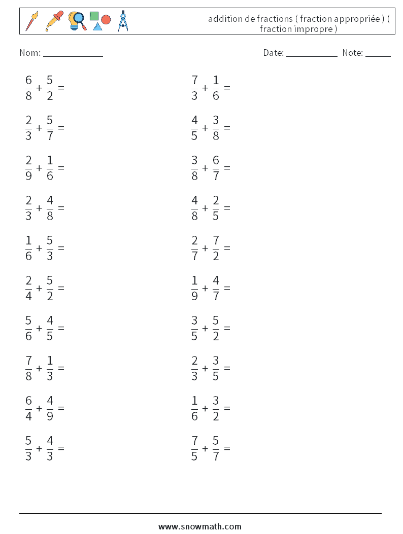 (20) addition de fractions ( fraction appropriée ) ( fraction impropre ) Fiches d'Exercices de Mathématiques 5