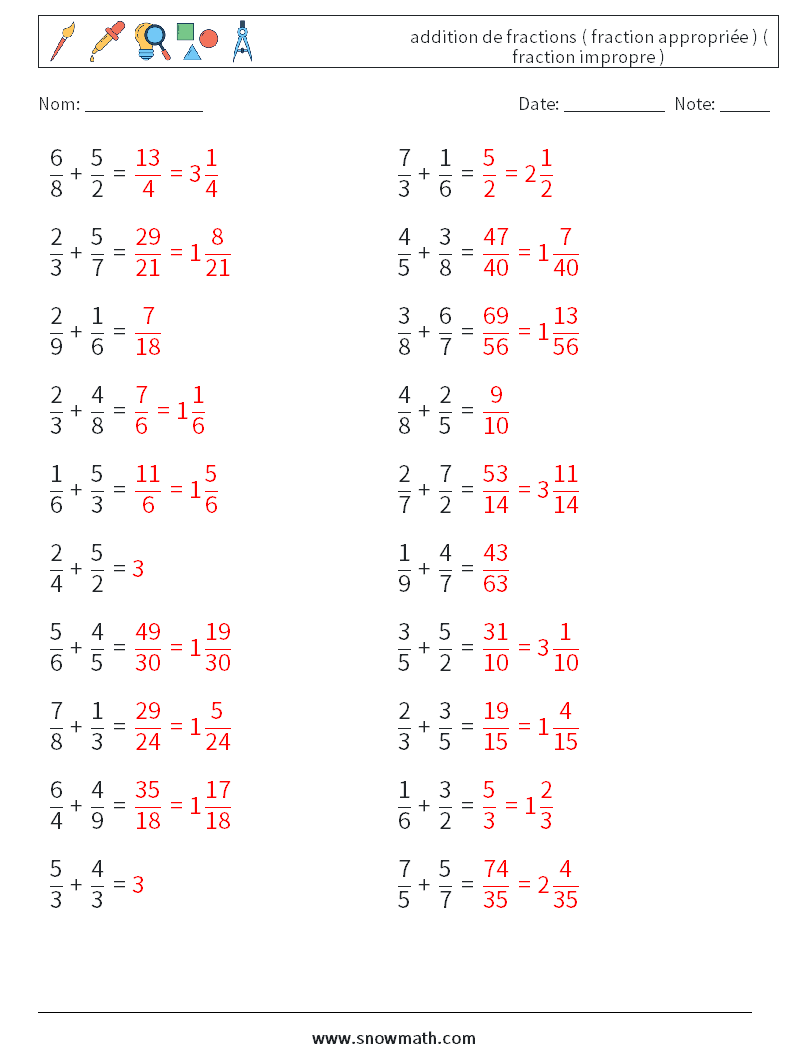(20) addition de fractions ( fraction appropriée ) ( fraction impropre ) Fiches d'Exercices de Mathématiques 5 Question, Réponse