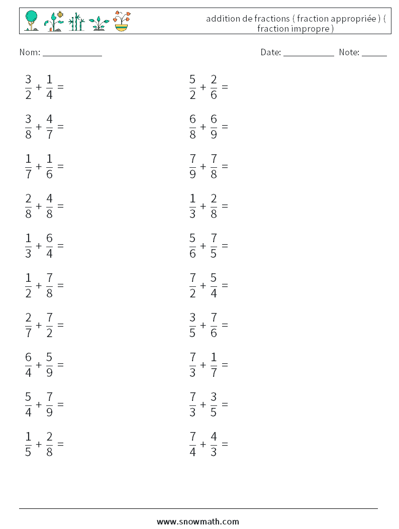 (20) addition de fractions ( fraction appropriée ) ( fraction impropre ) Fiches d'Exercices de Mathématiques 6