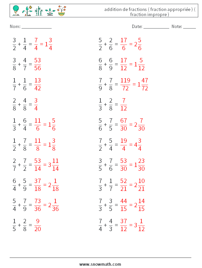 (20) addition de fractions ( fraction appropriée ) ( fraction impropre ) Fiches d'Exercices de Mathématiques 6 Question, Réponse