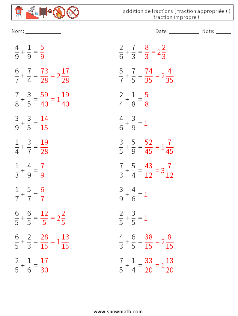(20) addition de fractions ( fraction appropriée ) ( fraction impropre ) Fiches d'Exercices de Mathématiques 7 Question, Réponse