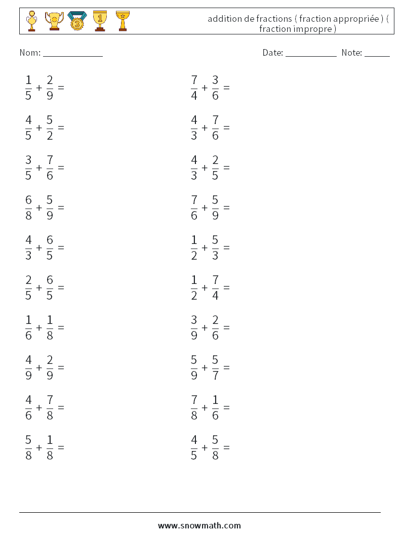 (20) addition de fractions ( fraction appropriée ) ( fraction impropre ) Fiches d'Exercices de Mathématiques 8
