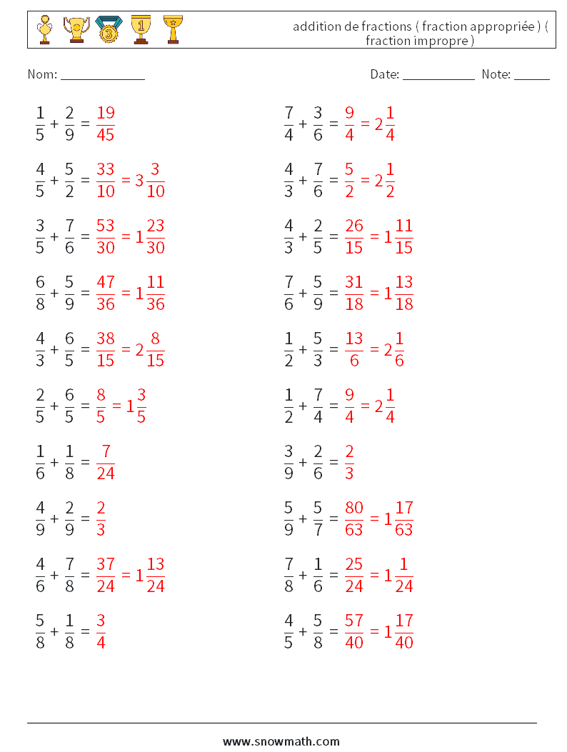 (20) addition de fractions ( fraction appropriée ) ( fraction impropre ) Fiches d'Exercices de Mathématiques 8 Question, Réponse
