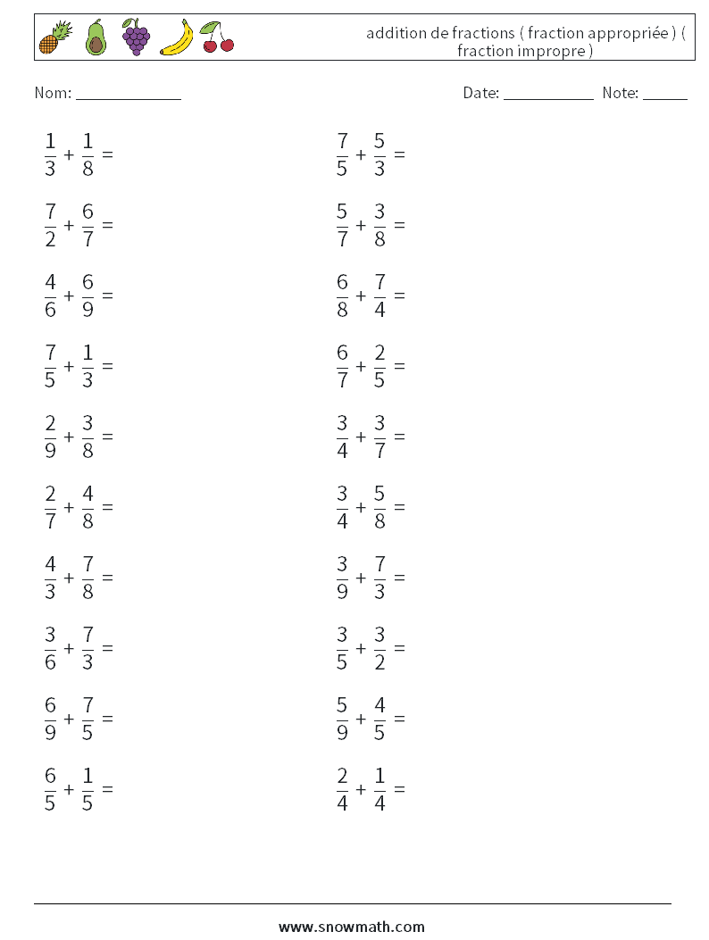 (20) addition de fractions ( fraction appropriée ) ( fraction impropre ) Fiches d'Exercices de Mathématiques 9