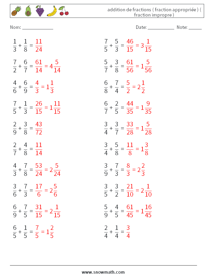 (20) addition de fractions ( fraction appropriée ) ( fraction impropre ) Fiches d'Exercices de Mathématiques 9 Question, Réponse