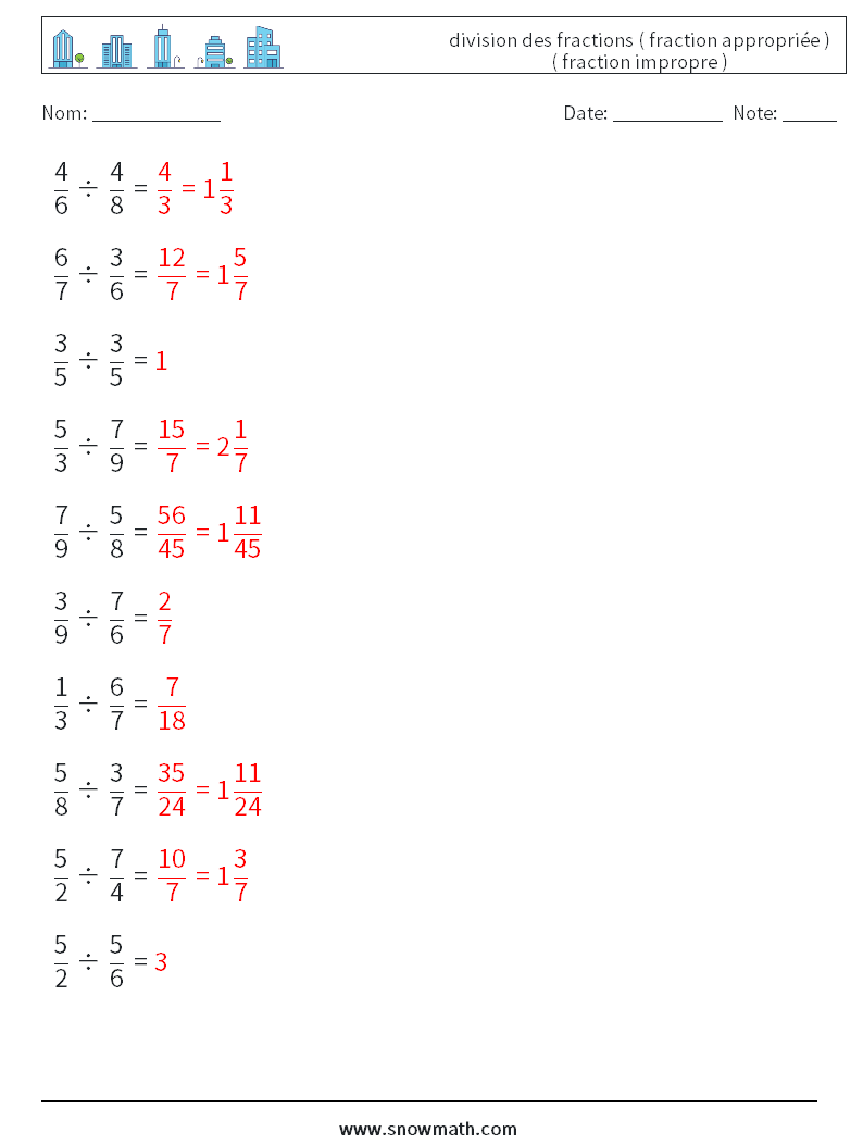 (10) division des fractions ( fraction appropriée ) ( fraction impropre ) Fiches d'Exercices de Mathématiques 17 Question, Réponse