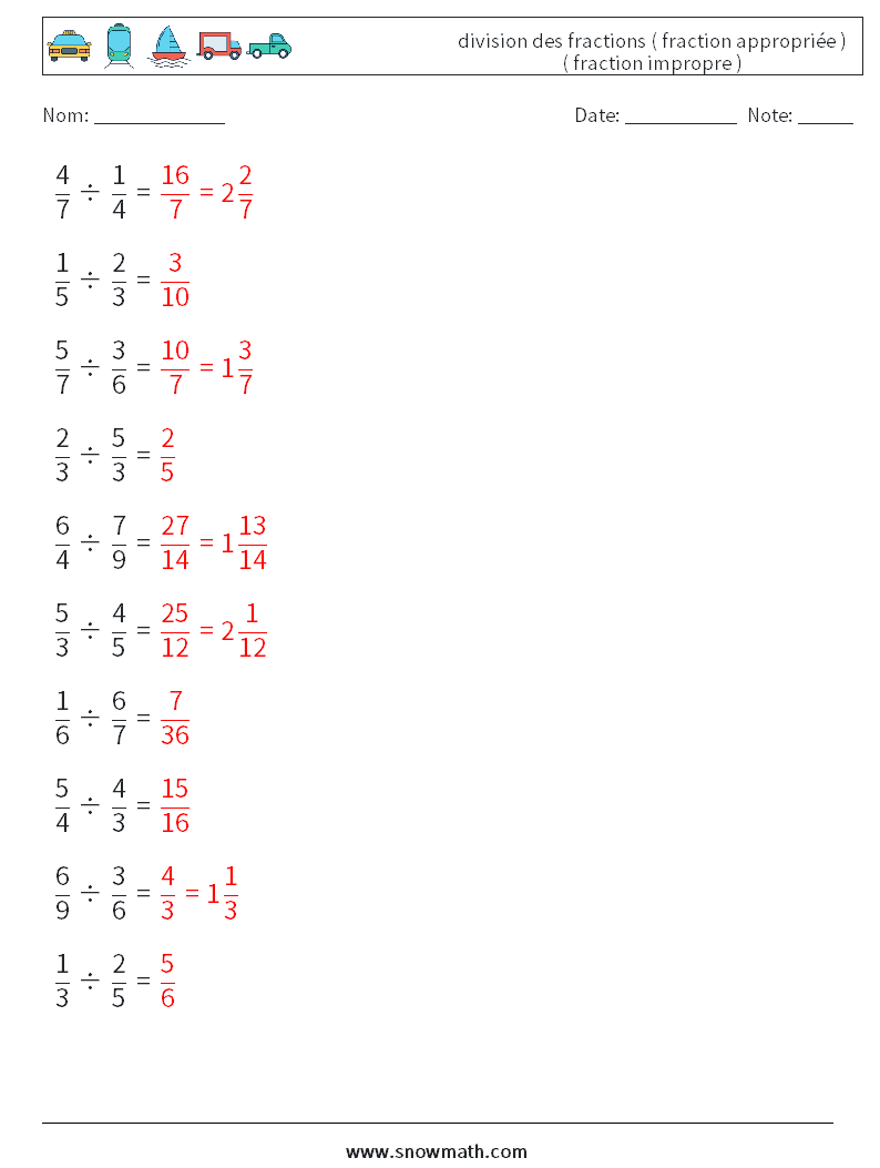 (10) division des fractions ( fraction appropriée ) ( fraction impropre ) Fiches d'Exercices de Mathématiques 18 Question, Réponse