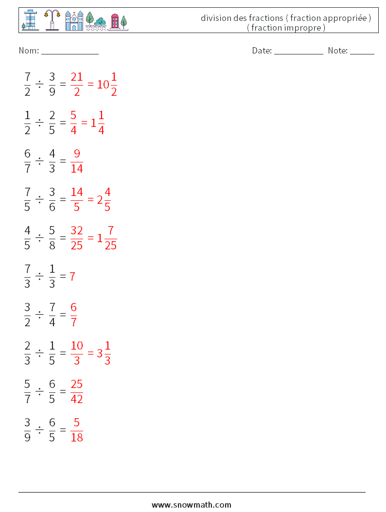 (10) division des fractions ( fraction appropriée ) ( fraction impropre ) Fiches d'Exercices de Mathématiques 1 Question, Réponse