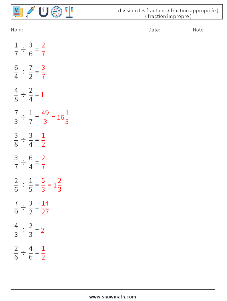 (10) division des fractions ( fraction appropriée ) ( fraction impropre ) Fiches d'Exercices de Mathématiques 2 Question, Réponse