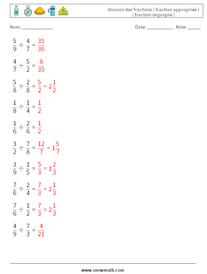 (10) division des fractions ( fraction appropriée ) ( fraction impropre ) Fiches d'Exercices de Mathématiques 3 Question, Réponse