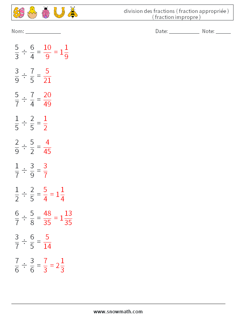(10) division des fractions ( fraction appropriée ) ( fraction impropre ) Fiches d'Exercices de Mathématiques 4 Question, Réponse