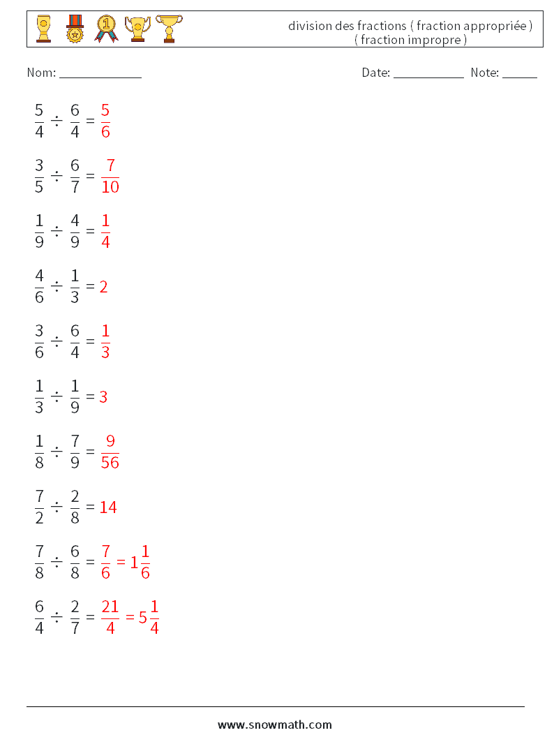 (10) division des fractions ( fraction appropriée ) ( fraction impropre ) Fiches d'Exercices de Mathématiques 5 Question, Réponse
