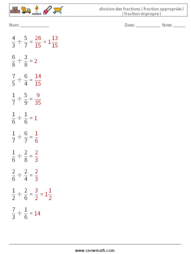 (10) division des fractions ( fraction appropriée ) ( fraction impropre ) Fiches d'Exercices de Mathématiques 7 Question, Réponse