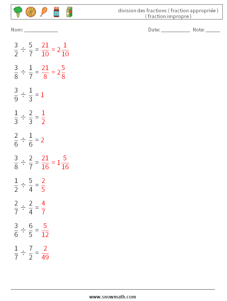 (10) division des fractions ( fraction appropriée ) ( fraction impropre ) Fiches d'Exercices de Mathématiques 9 Question, Réponse