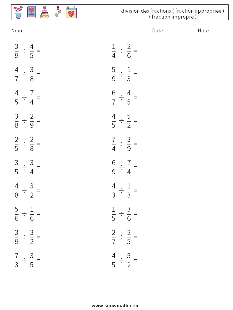 (20) division des fractions ( fraction appropriée ) ( fraction impropre ) Fiches d'Exercices de Mathématiques 11